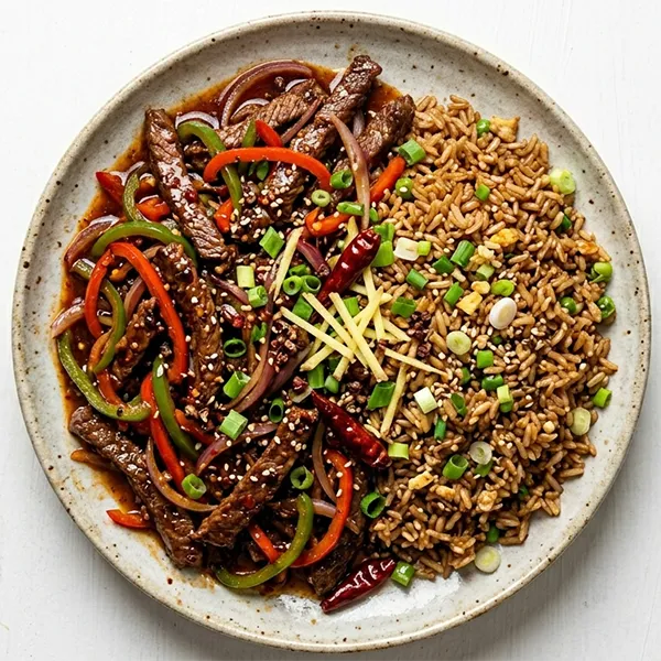 Szechuan Beef With Bellpepper With Ginger Soy Brown Fried Rice